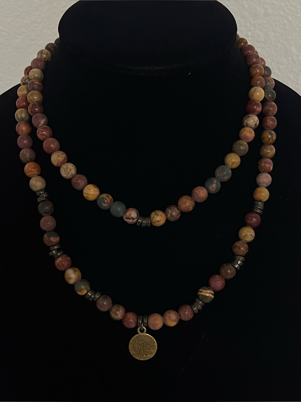 Picasso Jasper 108 Mala Beads Necklace with Tree of Life Pendant Double Sided